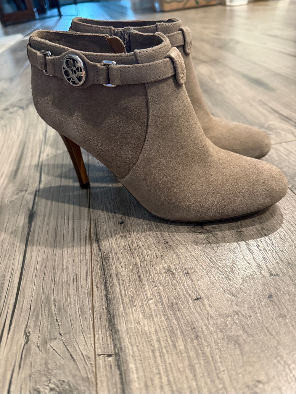 Coach Taupe Suede Ankle Booties with Logo Buckle